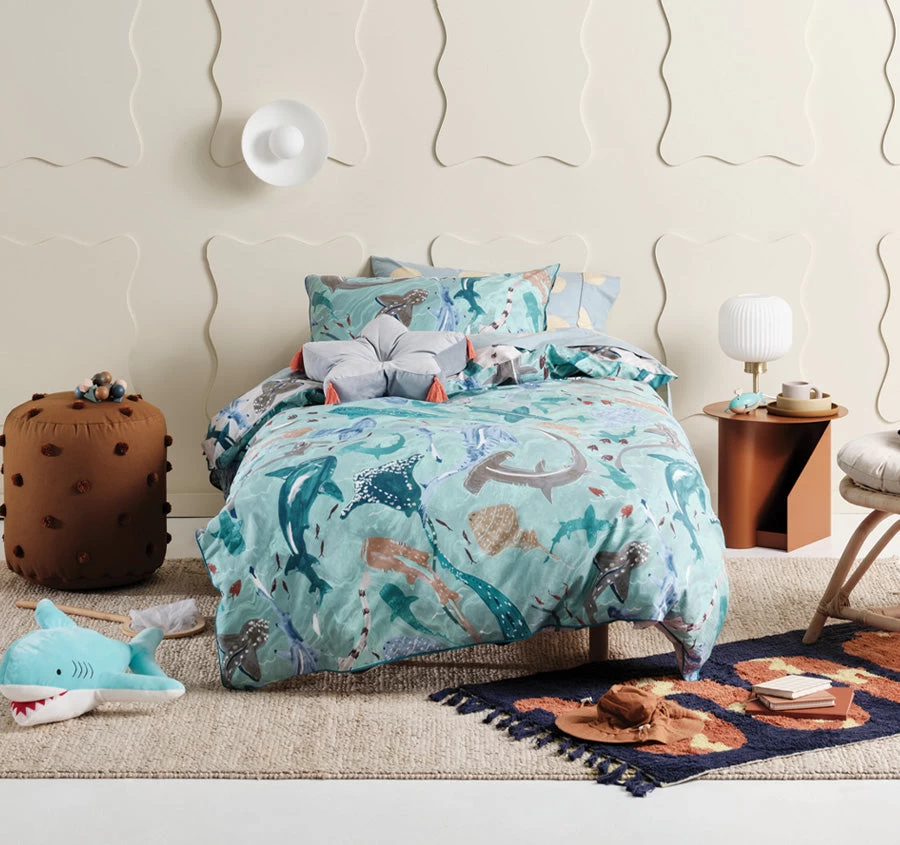Shark School Quilt Cover Set Range Aqua
